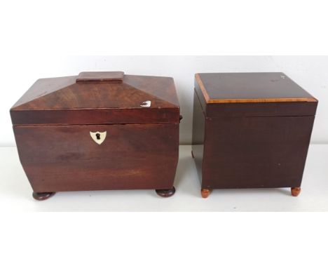 A mahogany tea caddy, 19 cm wide, other boxes and items (7)