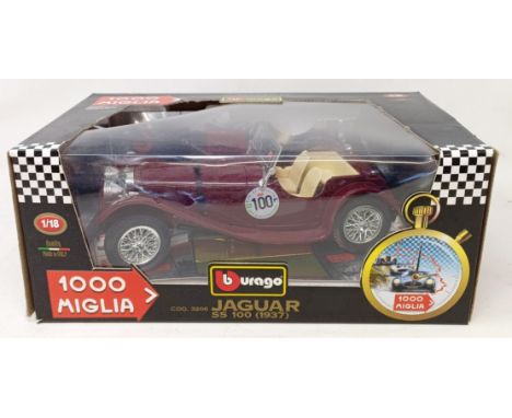 A Burago 1:18 scale Jaguar SS100 (1937), other model cars, and assorted TY bears (box)