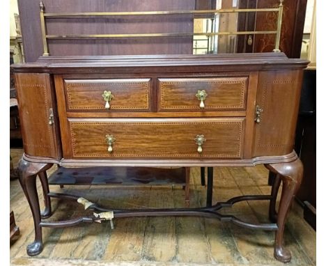 A mahogany display cabinet, 92 cm wide, a pair of two drawer chests, a trunk, a mirror and a sideboard (6)