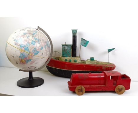 A wooden toy tug boat, 40 cm high, a similar locomotive, and a Replogle World Classic Series globe (3)