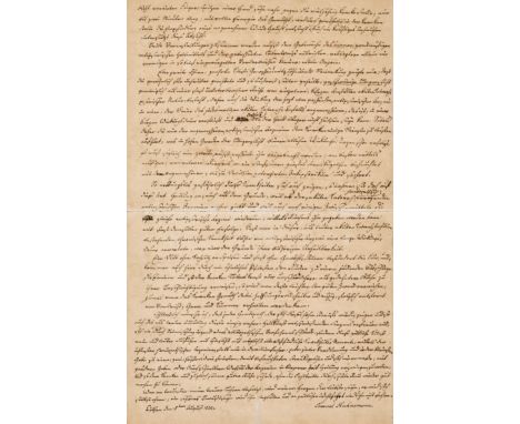 Hahnemann, Samuel, Begründer der Homöopathie (1755-1843).Eigenhändiger, vierseitiger Brief auf Doppelblatt. Von Hahnemann vol