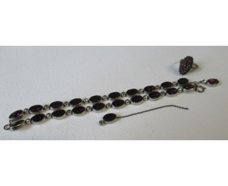 A paste set double row bracelet,&nbsp;simulated amethyst and diamond, together with a garnet ring, a garnet brooch and other 