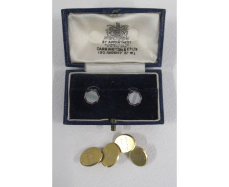 A pair of 18ct gold cufflinks, engraved with initials, weight 8g, together with a cased pair of 9ct white gold and mother of 