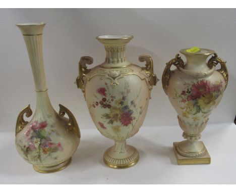 Three Royal Worcester blush ivory pedestal vases, all decorated with floral sprays, height 10ins and down