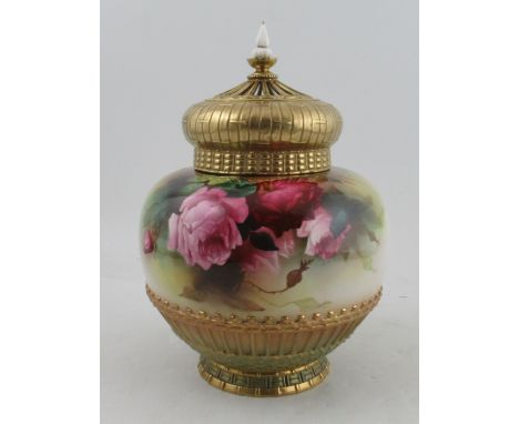 A Royal Worcester crown top pot pourri, lacking inner cover, decorated with roses by Lewis, shape number 1286, height 12.25in
