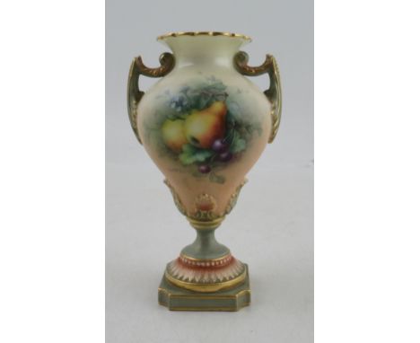 A Royal Worcester pedestal vase, decorated with fruit by Chivers, shape number 1959, height 6ins