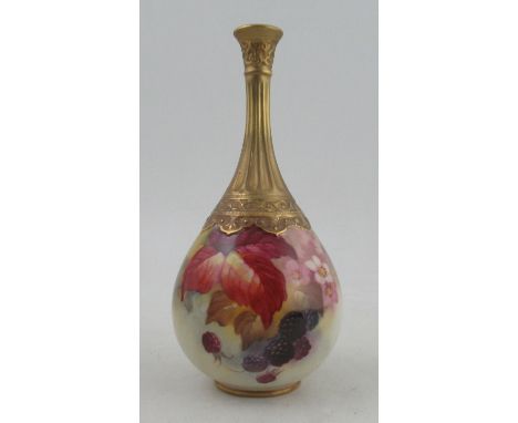 A Royal Worcester vase, decorated with autumnal leaves, flowers and fruit by Kitty Blake, shape numbers F103, height 8.25insC