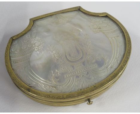 An Antique gilt metal and mother of pearl sewing box, the mother of pearl engraved with harp, doves and flowers in cornucopia