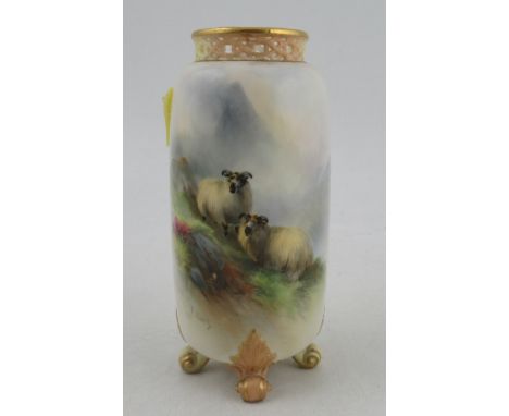 A Royal Worcester vase, with blush ivory pierced rim, decorated with sheep in landscape by H Davis, shape number G42, height 