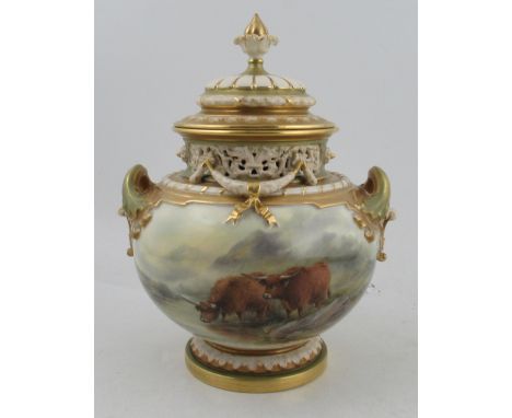 A Royal Worcester Bow piece covered vase, decorated with Highland cattle in landscape by J Stinton, shape number 1428, height