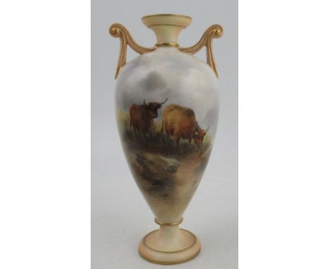 A Royal Worcester vase, with blush ivory mounts, decorated with Highland cattle in landscape by James Stinton, shape number G