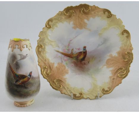 A Graingers Worcester vase, decorated with pheasants by Jas Stinton, shape number G1040, height 5.25ins, together with a&nbsp