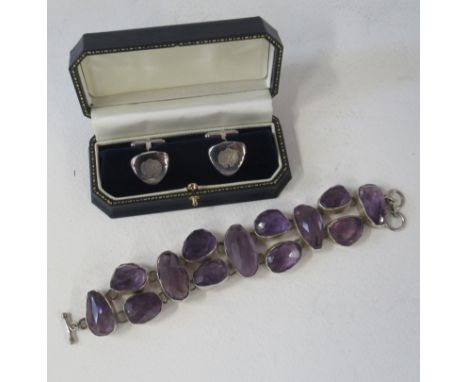 An amethyst and silver bracelet, together with a cased pair of silver cufflinks