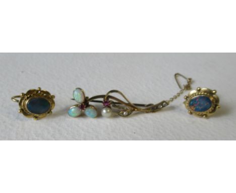 A Victorian opal, ruby, pearl and diamond floral spray brooch, marked 15ct, weight 3.5g and a pair of 9ct opal earrings&nbsp;