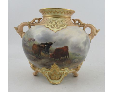 A Royal Worcester vase, with blush ivory mounts, decorated with Highland cattle in landscape by John Stinton, shape number 11