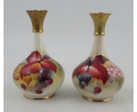 A Pair of&nbsp;Royal Worcester vases, decorated with Autumnal leaves and fruit by Kitty Blake, shape number G702, height 5.5i