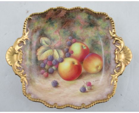 A Royal Worcester square shaped dish, decorated with fruit to a mossy background by H Aryton, with gilt gadrooned shaped edge
