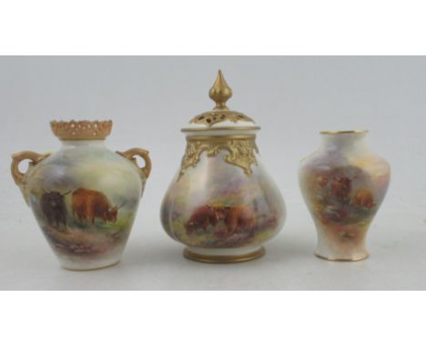 Three Royal Worcester vases, one covered, all decorated with Highland cattle in landscape by H Stinton, shape number H291, G4