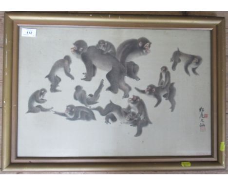 After Mori Sosen, reproduction print on silk, a group of Monkeys, 14ins x 20.5ins&nbsp;