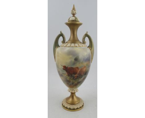 A Royal Worcester covered pedestal vase, decorated with cattle by Stinton, height 16ins&nbsp;Condition Report:  Restored to n
