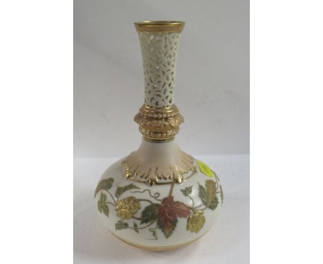 A Locke &amp; Co Worcester ivory vase, with pierced neck, decorated with a gilded hops and leaves, height 7.5ins