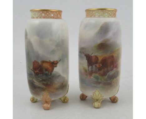 A pair of Royal Worcester vases, with pierced blush ivory rims, decorated with Highland cattle in landscape by H Stinton, sha