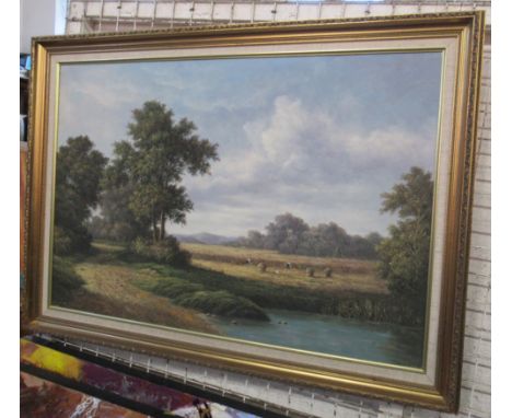 P Wilson, print on canvas, rural landscape with corn harvest, 24ins x 36ins