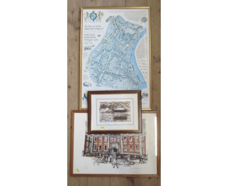 Two limited edition David Birthwhistle prints, and map of Worcester commemorating the visit of Queen Elizabeth I