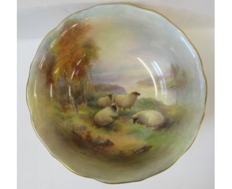 An unusual Royal Worcester Bennett bowl, decorated with sheep by silver birch trees with water to the background by Harry Sti