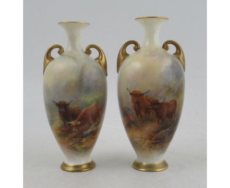 A pair of Royal Worcester vases, decorated with Highland cattle in landscape by H Stinton, shape number H287, height 6.5insCo