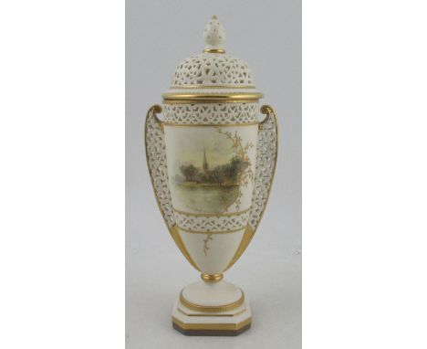 A Grainger &amp; Co Worcester pierced covered vase, decorated with a titled view Stratford on Avon, shape number G163, height