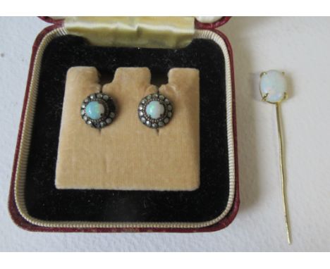 A gold stick pin, set oval cabochon opal, together with pair of marcasite and opal earrings&nbsp;&nbsp;