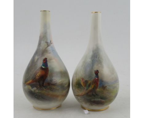 Two Royal Worcester vases, decorated with pheasants in landscape by Jas Stinton, shape number G151, one restored, height 6ins