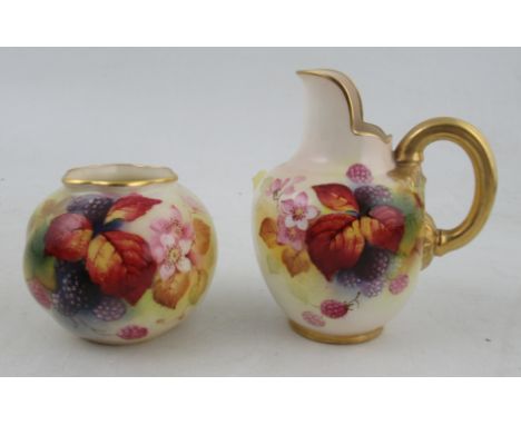 A Royal Worcester vase and a flat back jug, decorated with autumnal leaves, flowers and fruit by Kitty Blake, shape numbers G