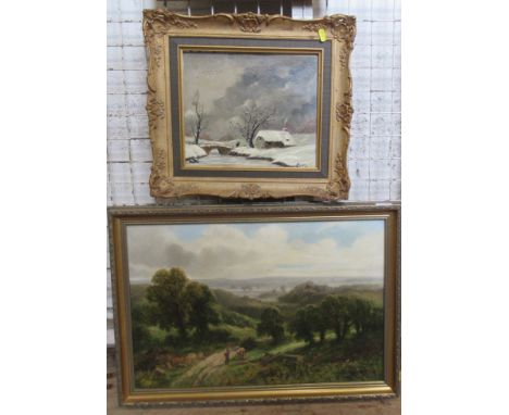 A 19th century school, oil on canvas, rural scene, indistinctly signed, together with R J Cooper, oil on canvas, snowscape, 1