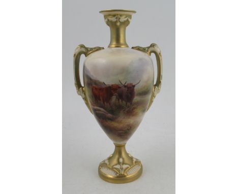 A Royal Worcester pedestal vase, decorated with Highland cattle in landscape by Stinton, shape number 2248, height 8.5insCond