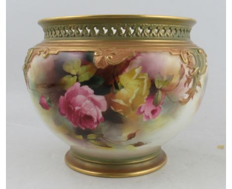 A Royal Worcester jardinière, decorated with roses by Martin, shape number H295, height 9ins Condition Report:   good conditi