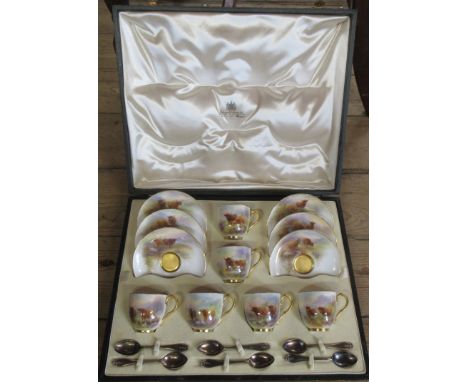 A Royal Worcester cased set of 6 coffee cups and saucers, decorated with Highland cattle by Stinton, together with 6 hallmark