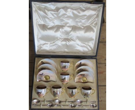 A Royal Worcester cased set cabinet cups and saucers, decorated with various game birds and water fowl by James Stinton, toge