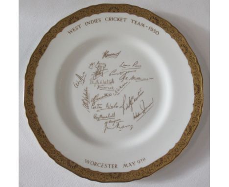 A Royal Worcester cricket plate, The West Indies Cricket Team 1950, in gilt, diameter 10.5ins