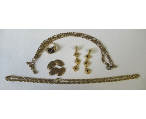 A pair of 9ct gold cufflinks, weight 2.5g, together with a ring, two chains and a pair of earrings