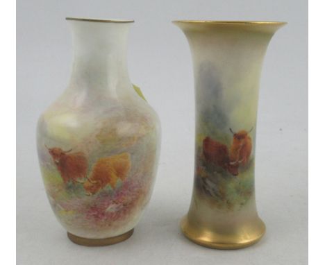 Two Royal Worcester vases, decorated with Highland cattle in landscape by H Stinton, shape numbers G923 and 2491, height 4.5i