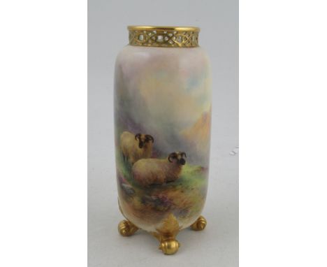 A Royal Worcester vase, with gilded pierced rim, decorated with sheep in landscape by Stinton, shape number G42, height 6insC