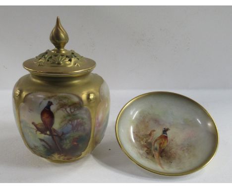 A Royal Worcester covered vase, decorated with pheasants on branches by Bray, shape number H162, height 5.25ins, together wit