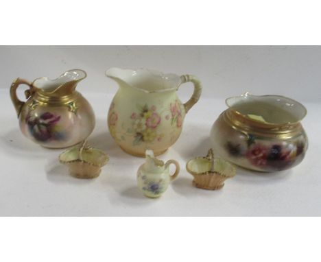 A Hadley's Worcester jug and bowl, together with a Graingers Worcester jug and three Royal Worcester blush ivory miniatures