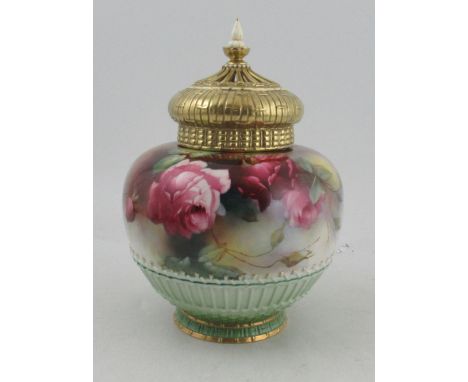A Royal Worcester crown top pot pourri, lacking inner cover, decorated with roses by H Martin, shape number 1286, height 10.5