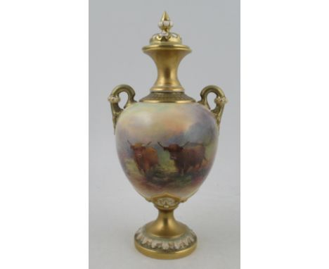 A Royal Worcester pedestal covered vase, decorated with Highland cattle in landscape by H Stinton, shape number 2160, height 