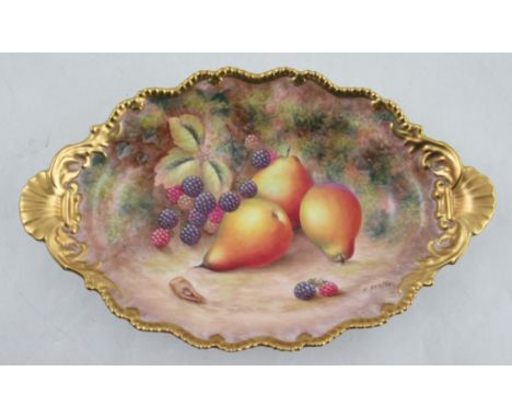 A Royal Worcester oval shaped dish, decorated with fruit to a mossy background by H Aryton, with gilt gadrooned shaped edge, 