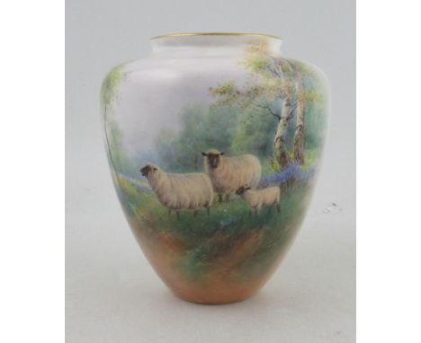 A Royal Worcester vase, decorated with sheep in landscape by H Davis, shape number 2570, height 7.5insCondition Report:  Ther