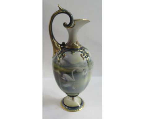 A Royal Worcester ewer, decorated all round with swans on a pond, shape number H271, height 10insCondition Report:  Possible 